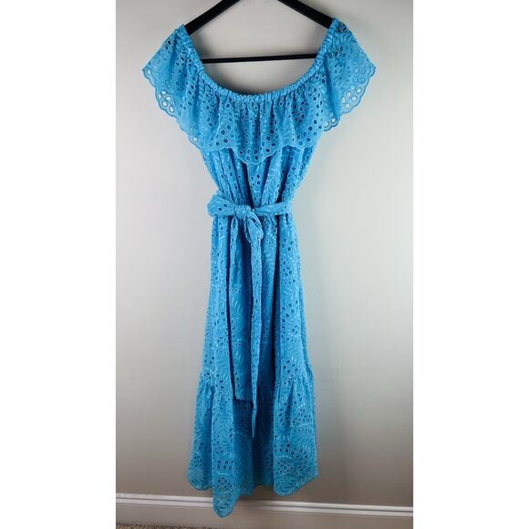 Lilly Pulitzer Geri Off The Shoulder Sea breeze Blue Midi Eyelet Dress XL $348 - Picture 2 of 9